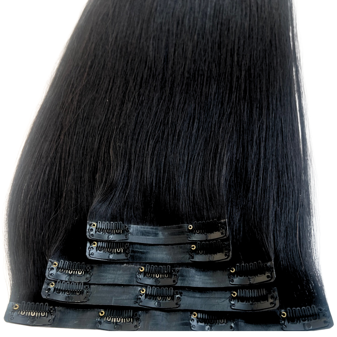 30" Clip In #1 Jet Black Human Hair Extensions - Casey