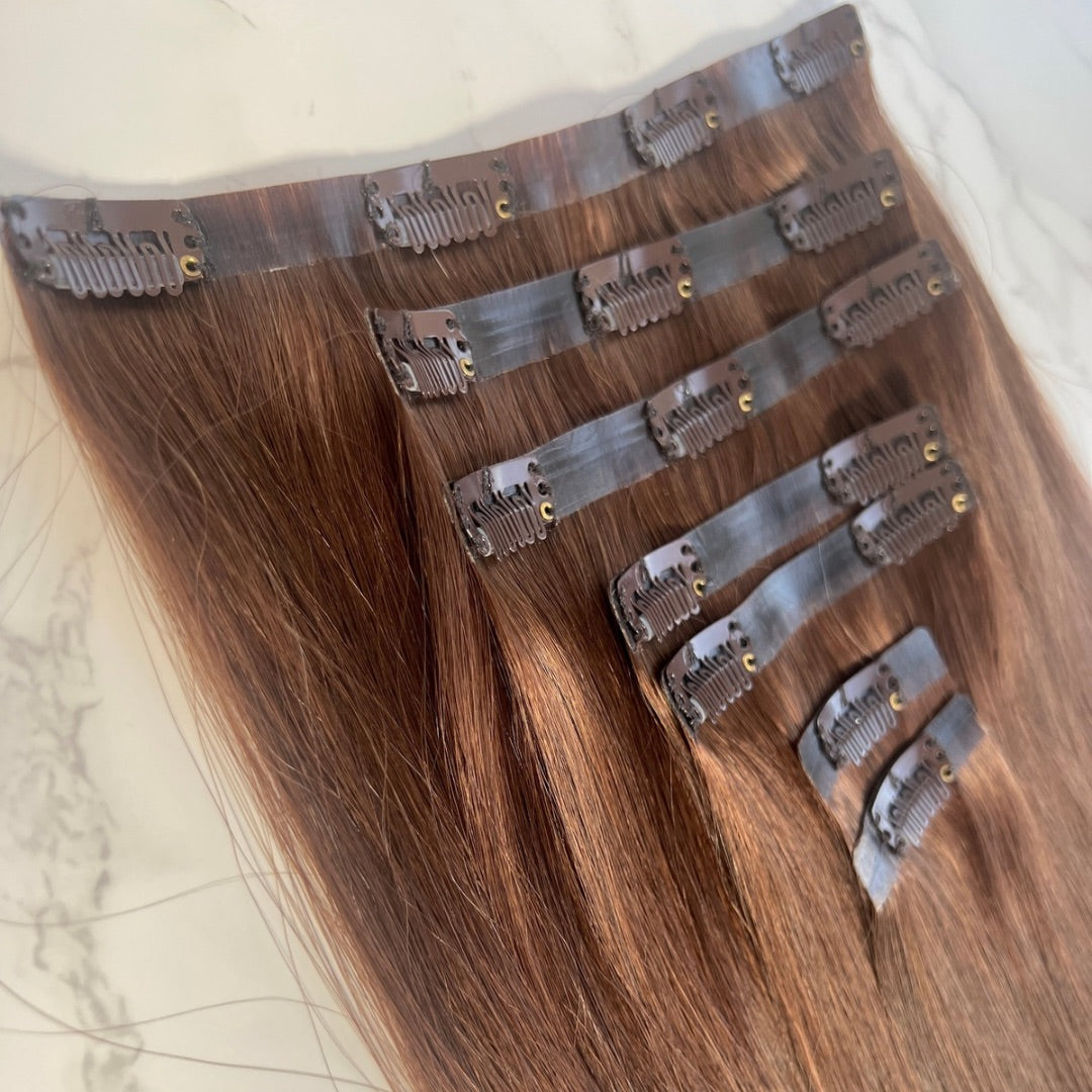 26" Clip In #4 Chestnut Human Hair Extensions - Mira