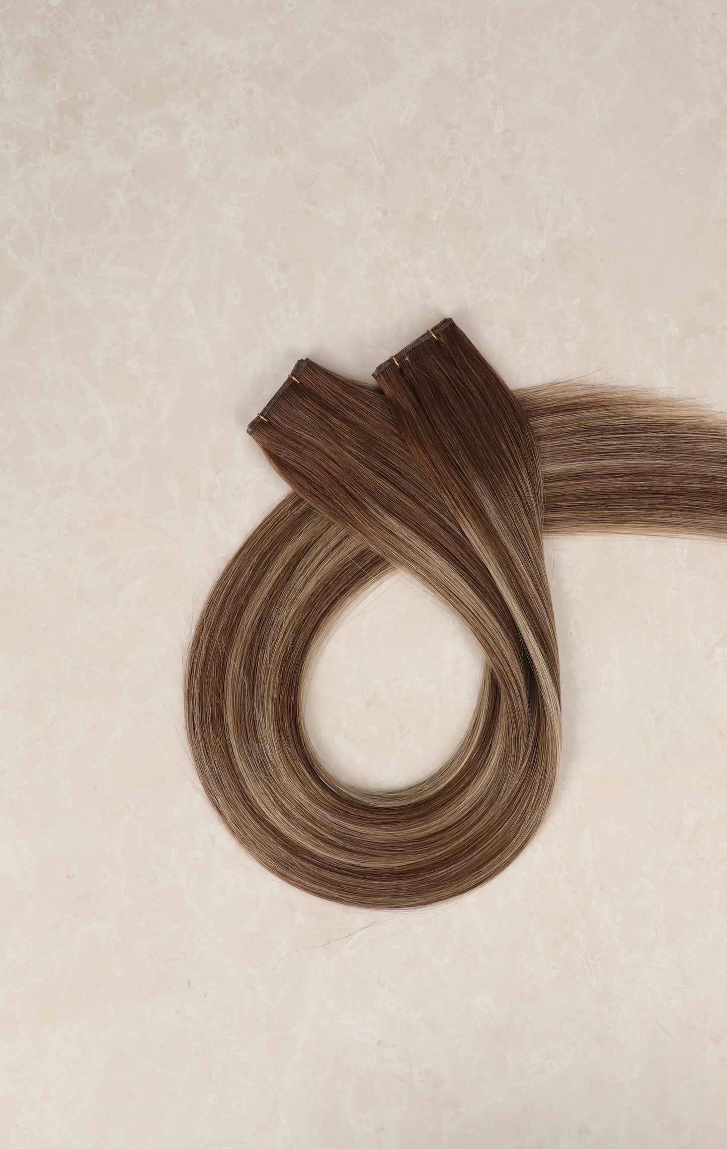 18" Genius Weft Human Hair Extensions. Mocha Melt #B18/DB3/8