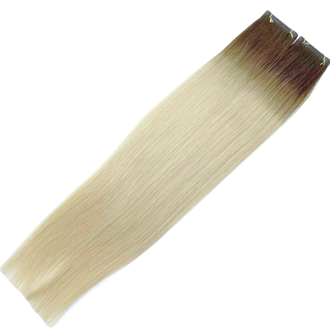 18" Tape Weft Rooted White Blonde Human Hair Extensions - Celine