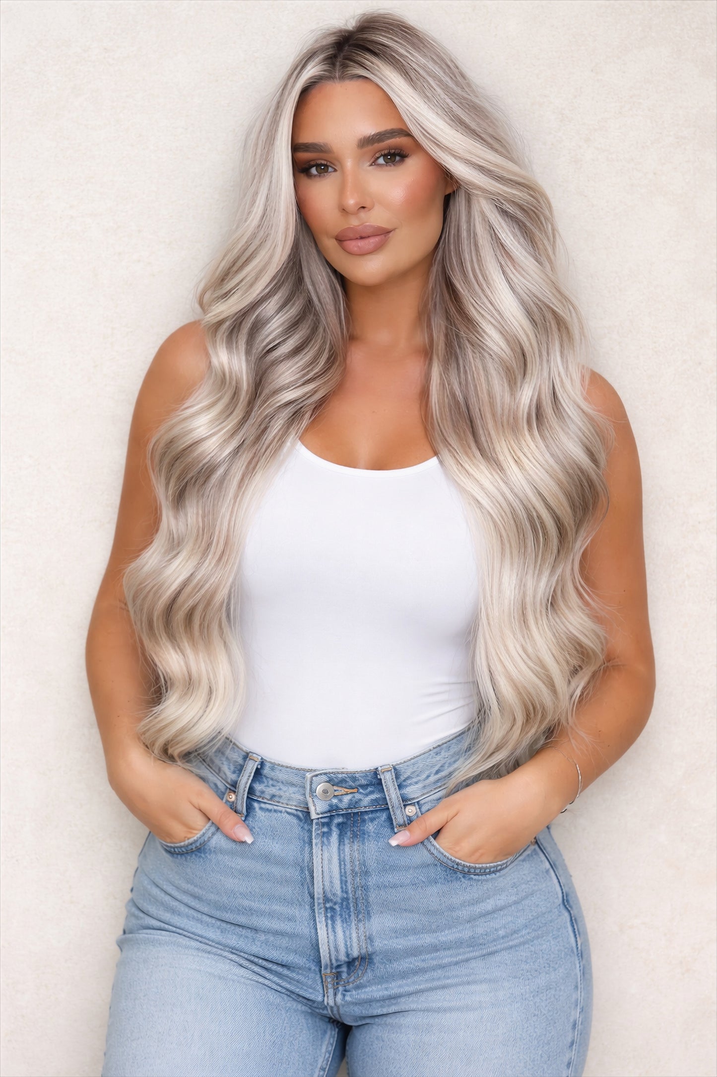 16" Genius Weft Human Hair Extensions. Rooted Snowflake #T18/1004/Silver