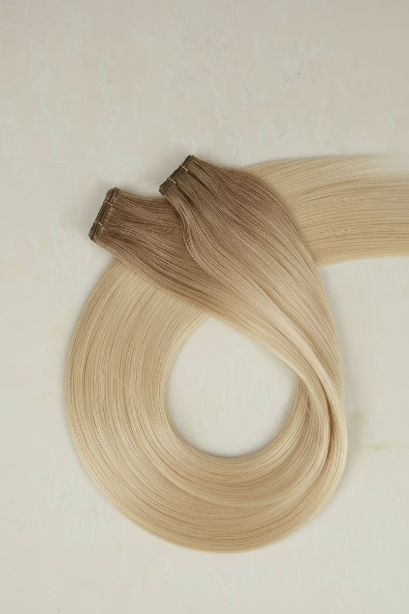 22" Genius Weft Human Hair Extensions. Rooted Platinum Blonde #T18/1010