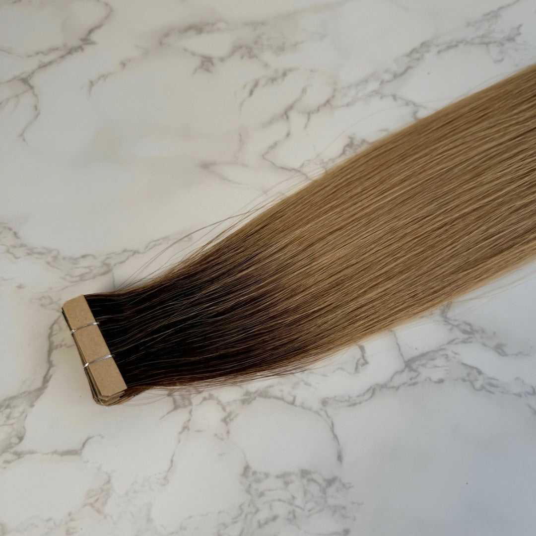 30" Invisible Tape #T2 12 Rooted Strawberry Human Hair Extensions - Coco