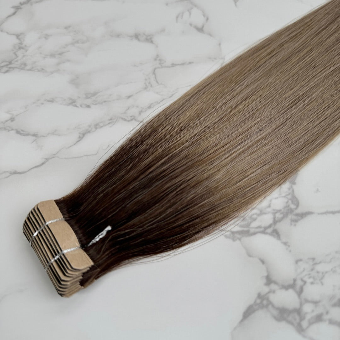 24" Invisible Tape #T2 6.2 Rooted Truffle Human Hair Extensions - Alicia