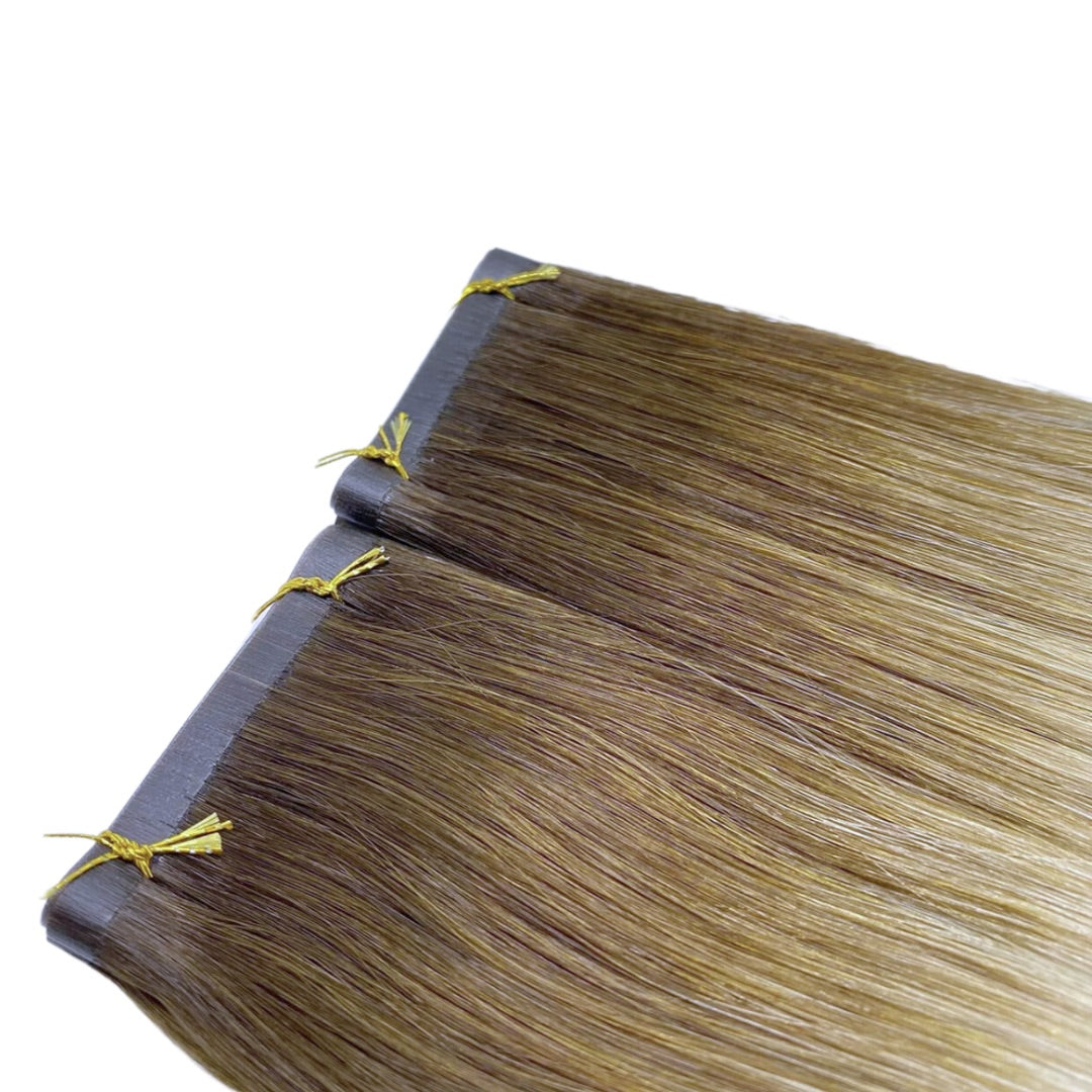 24" Tape Weft #T2 6.2 Rooted Truffle Human Hair Extensions - Alicia