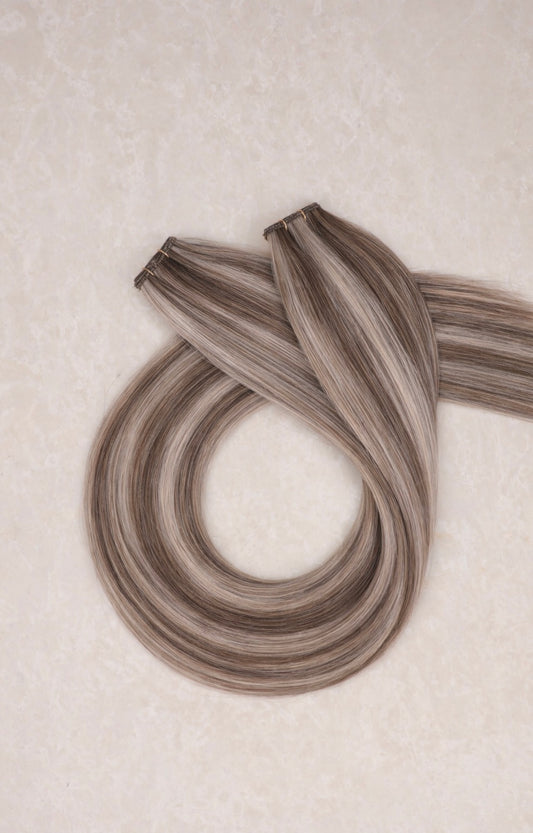 26" Genius Weft Human Hair Extensions. Iced Truffle #B18/1004/Silver