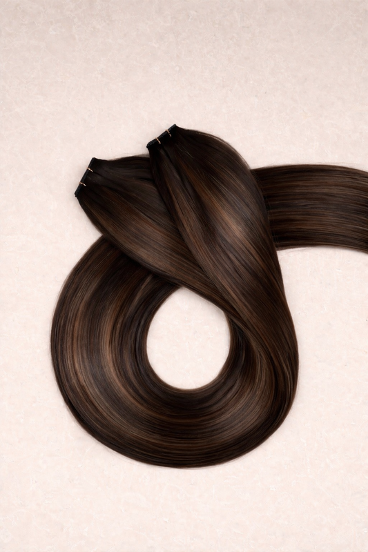 20" Genius Weft Human Hair Extensions. Caramel Swirl #P6/8