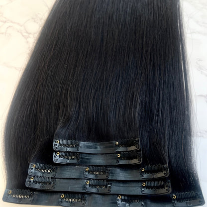 26" Clip In #1 Jet Black Human Hair Extensions - Casey