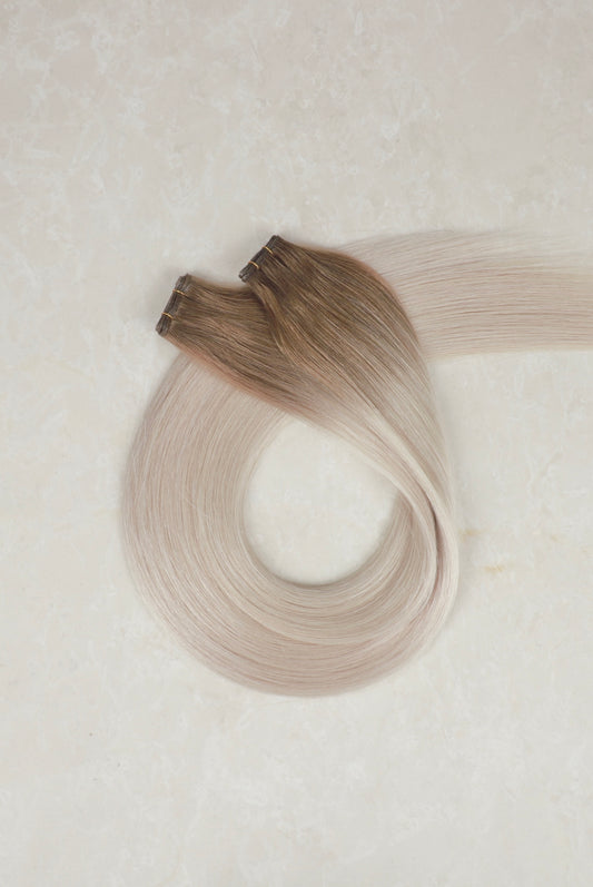 30" Genius Weft Human Hair Extensions. Rooted White Blonde #T18/1004