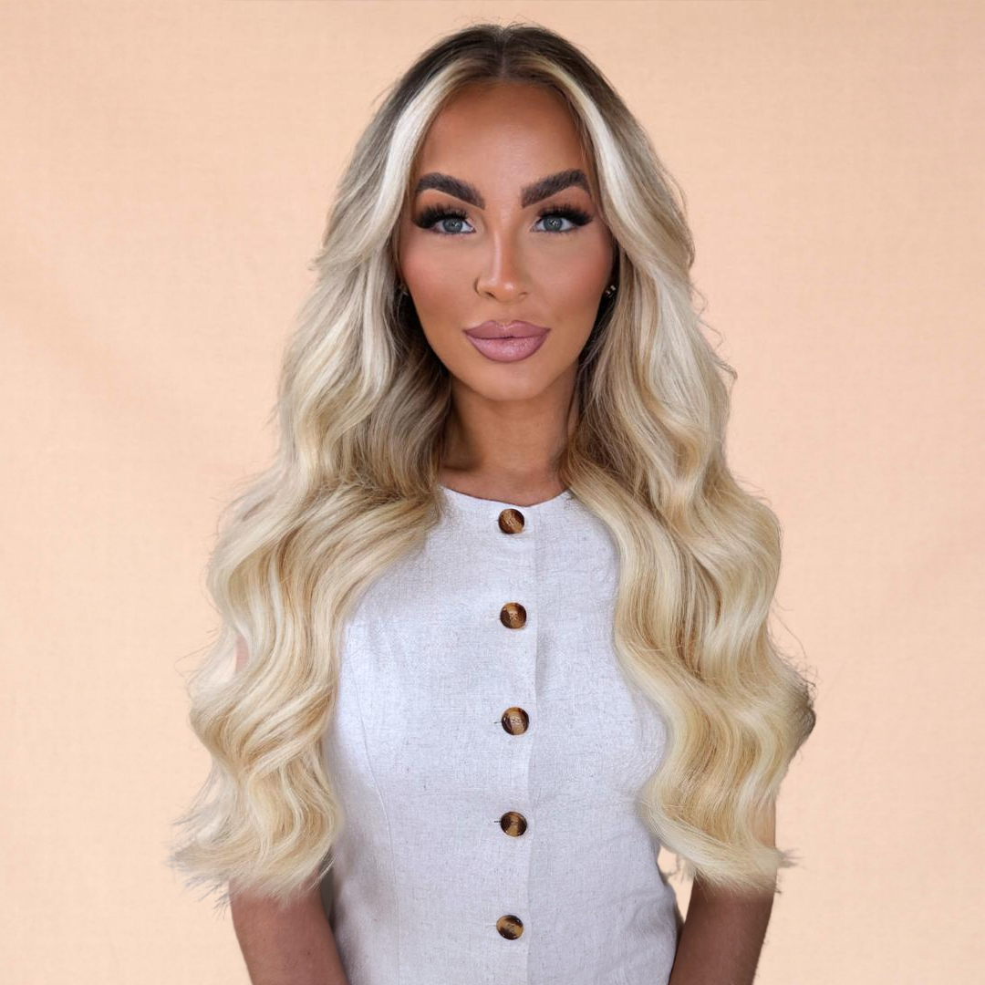 16" Invisible Tape #T5Q 60 Rooted Platinum Human Hair Extensions - Dolly