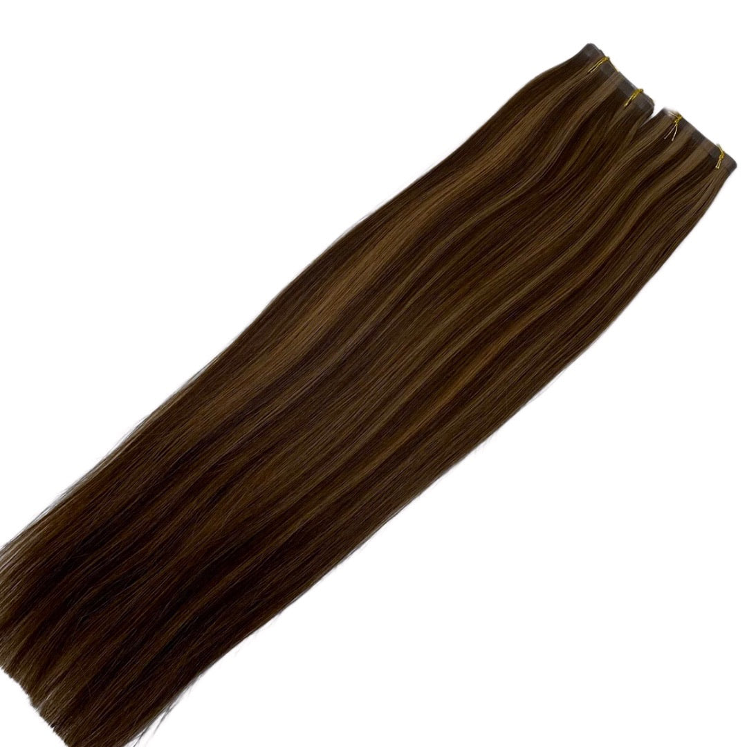 24" Tape Weft #2/4 Caramel Swirl Human Hair Extensions - Kendall