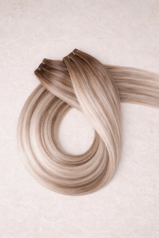 30" Genius Weft Human Hair Extensions. Rooted Mixed Pearl #B18/1004