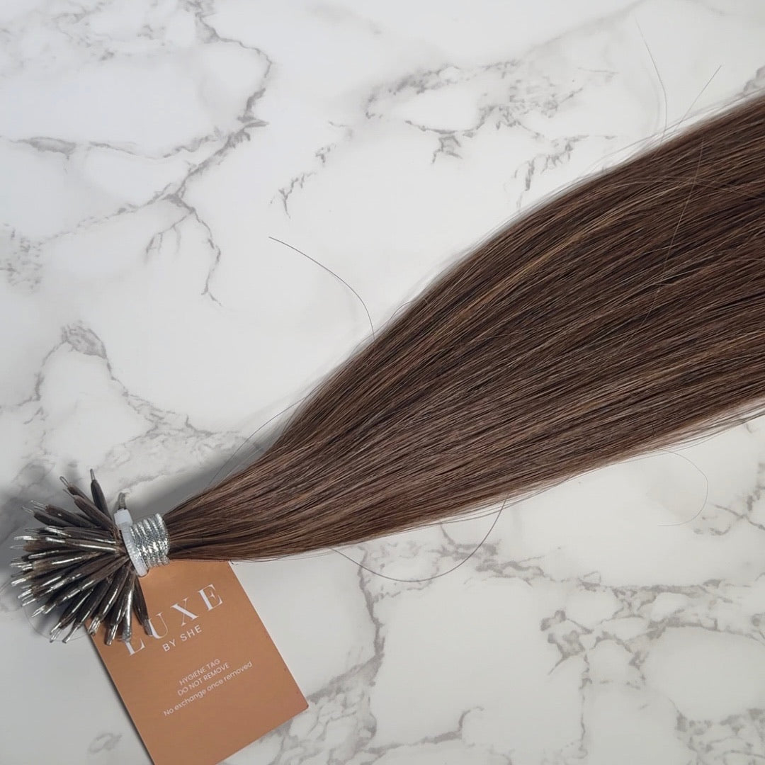 16" Nano Tip #2/4 Caramel Swirl Human Hair Extensions - Kendall