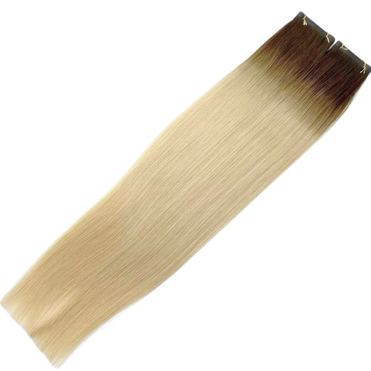 24" Tape Weft #T2 12C Rooted Champagne Human Hair Extensions - Miley