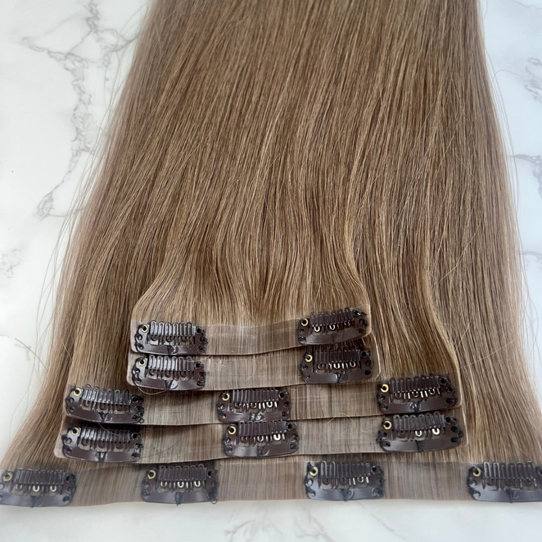 22" Clip In #3Q Medium Ash Brown Human Hair Extensions - Isla