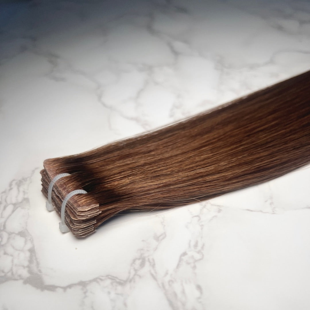 28" Invisible Tape #4 Chestnut Human Hair Extensions - Mira