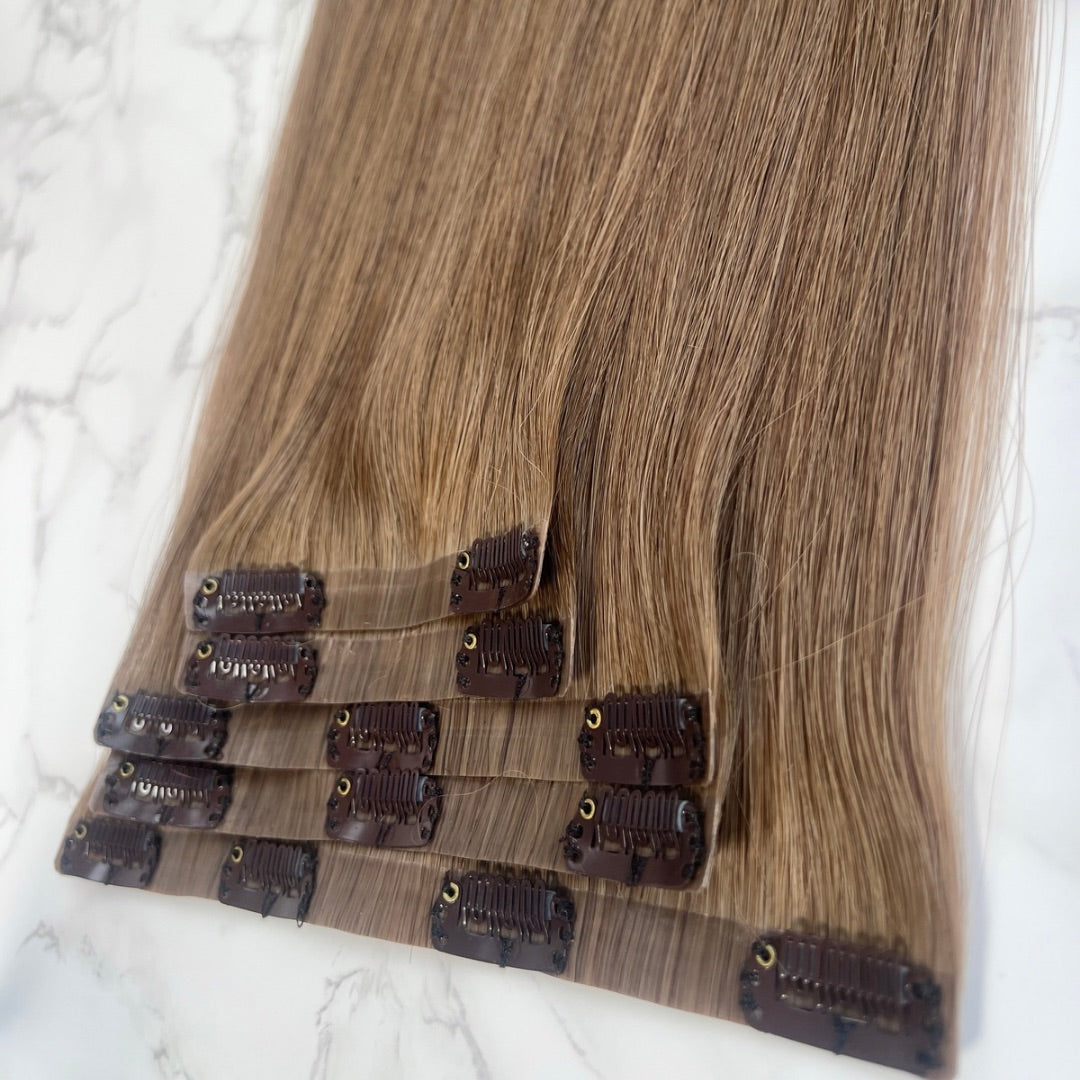 26" Clip In #4Q Light Ash Brown Human Hair Extensions - Amelia