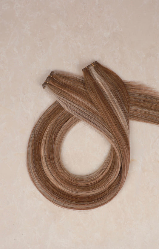 26" Genius Weft Human Hair Extensions. Highlight Bronde #P18/DB3