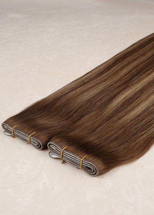 Invisible Tape Weft Human Hair Extensions. Mocha Melt #B18/DB3/8