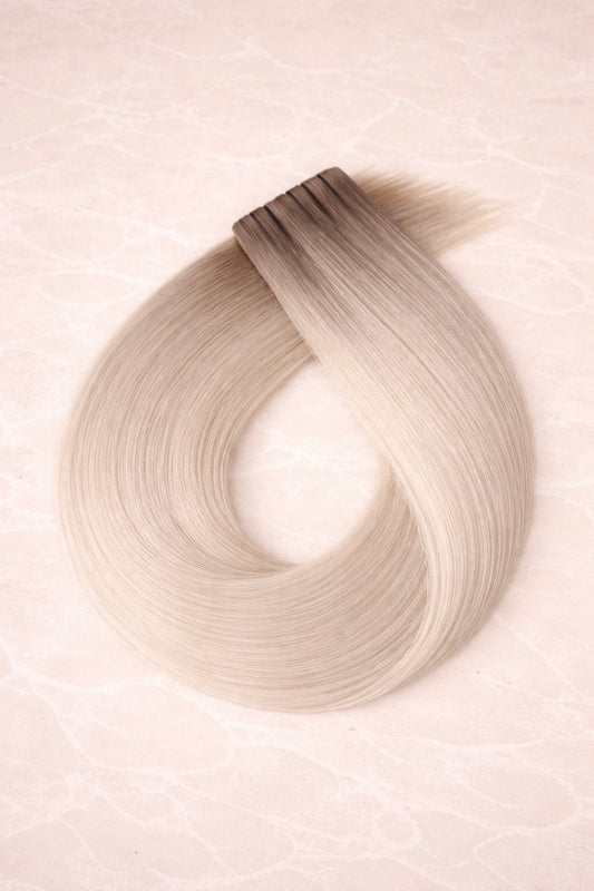 Flat Weft Human Hair Extensions. Rooted White Blonde #T18/1004