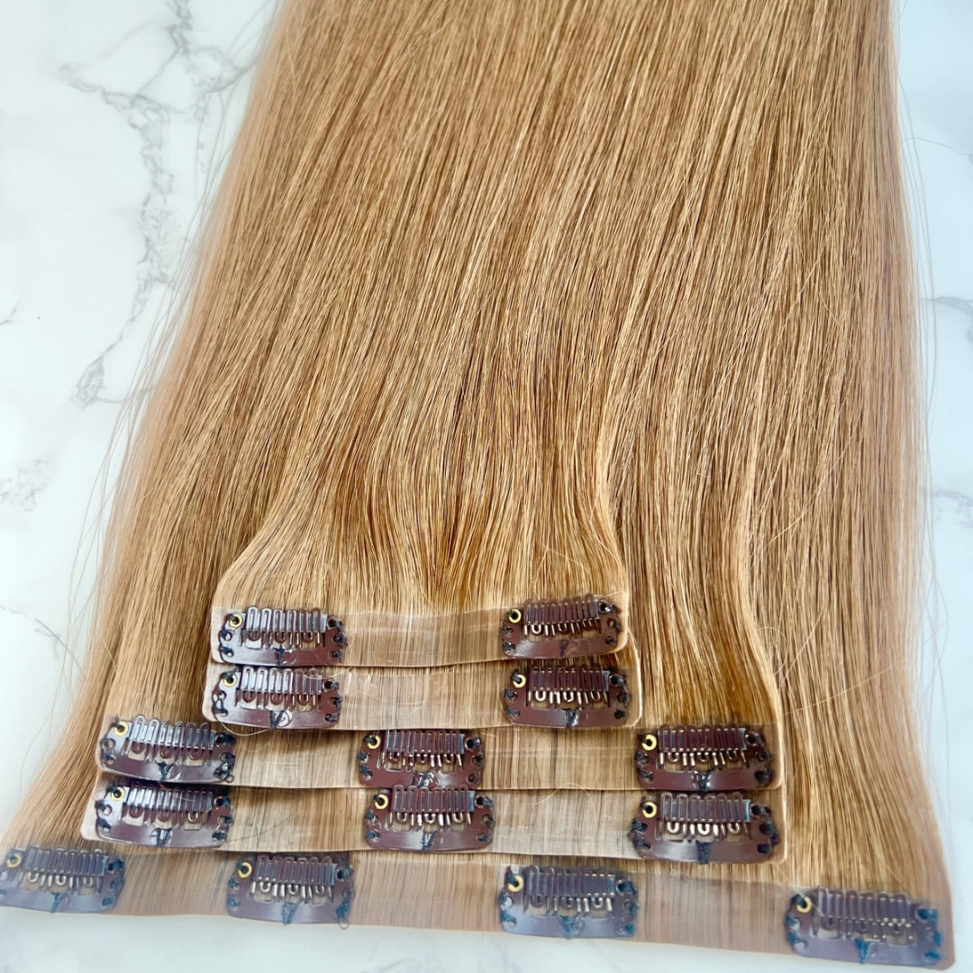 16" Clip In #8 Light Caramel Human Hair Extensions - Luna