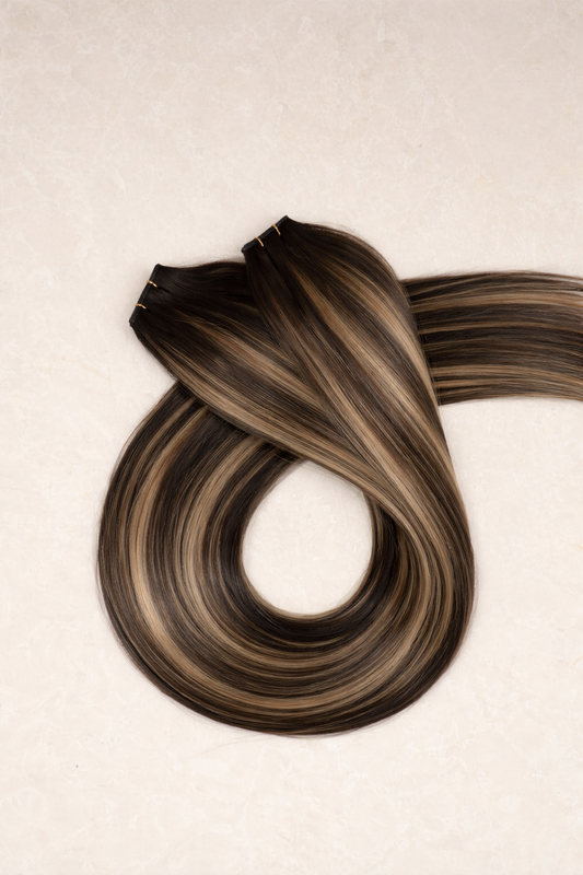 26" Genius Weft Human Hair Extensions. Iced Espresso #P6/1003/4