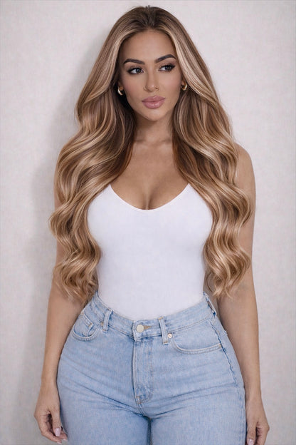 20" Nano Tip Human Hair Extensions. Rooted Bohemian Bronde #B18/DB3/1004