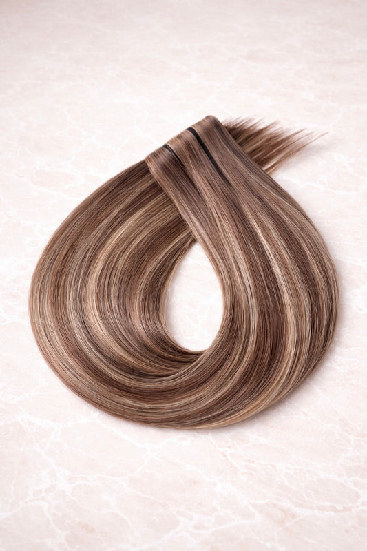 Invisible Butterfly Weft Human Hair Extensions. Highlight Bronde #P18/DB3