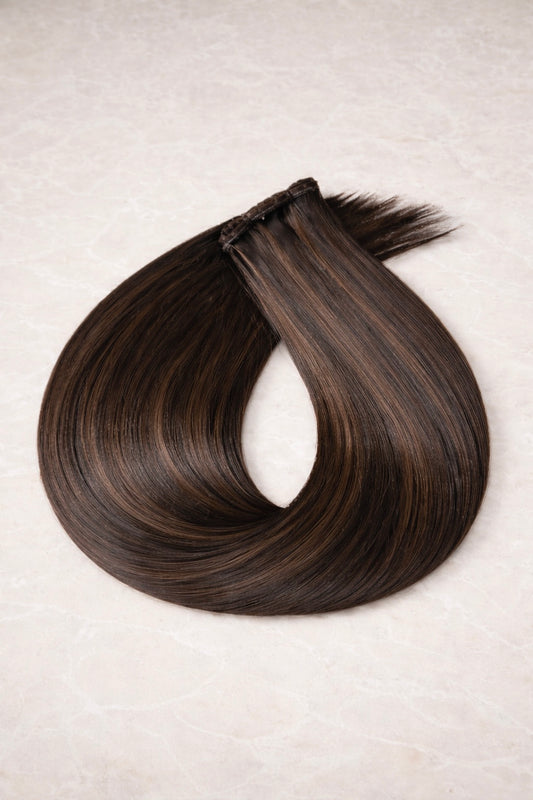 Invisible Butterfly Weft Human Hair Extensions. Caramel Swirl #P6/8