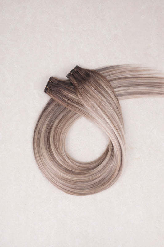 26" Genius Weft Human Hair Extensions. Rooted Bohemian Bronde #B18/DB3/1004