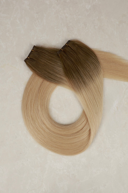 30" Genius Weft Human Hair Extensions. Rooted Bronde #T10/DB4
