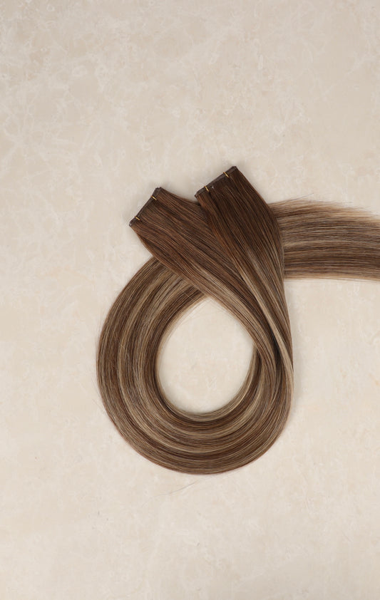 26" Genius Weft Human Hair Extensions. Mocha Melt #B18/DB3/8
