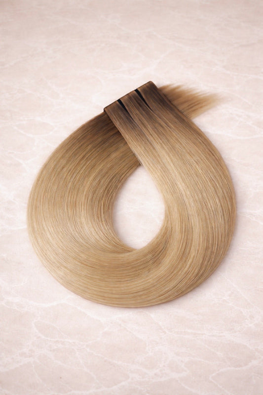 Invisible Butterfly Weft Human Hair Extensions. Rooted Bronde #T10-DB4