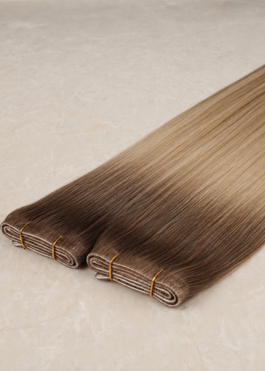 Invisible Tape Weft Human Hair Extensions. Rooted Bronde #T10-DB4