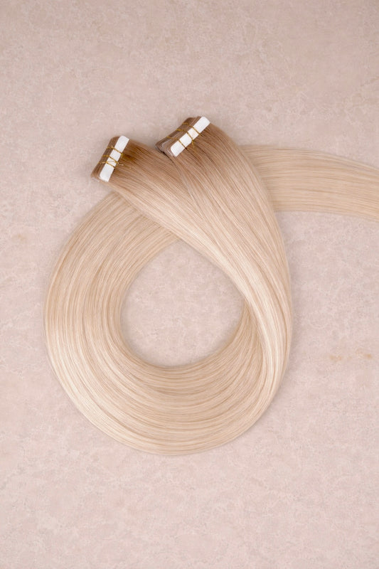 30" Invisible Tape Human Hair Extensions. Rooted Platinum #T18/1010