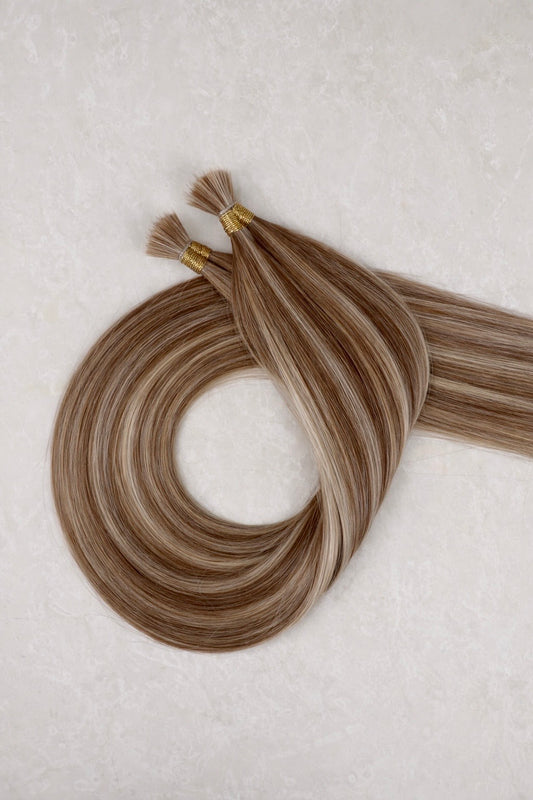 20" Nano Tip Human Hair Extensions. Highlighted Bronde #P18/DB3