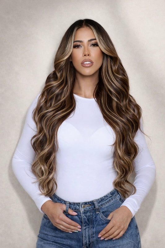 24" Nano Tip Human Hair Extensions. Iced Espresso #P6/1003/4