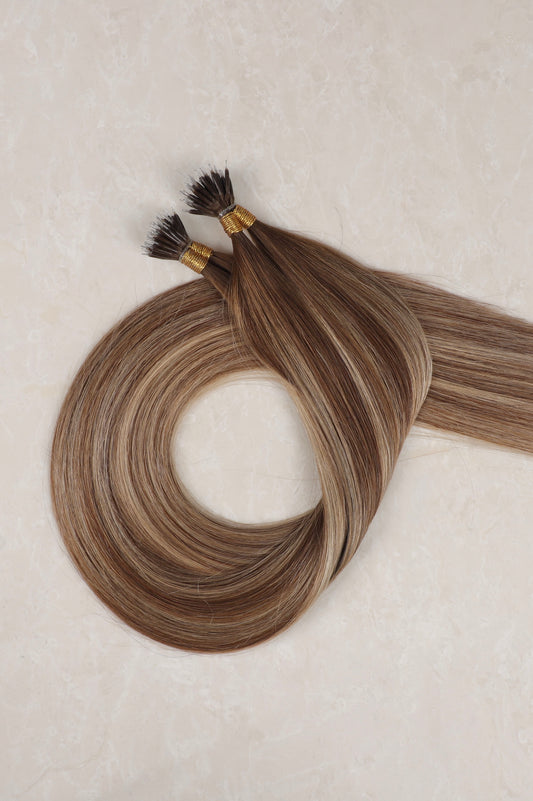 20" Nano Tip Human Hair Extensions. Rooted Highlight Bronde #B18/DB3