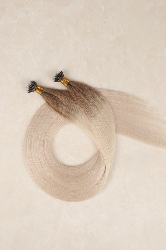 16" Nano Tip Human Hair Extensions. Rooted Platinum #T18/1010