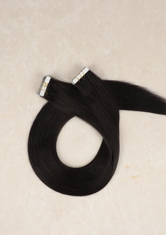 30" Invisible Tape Human Hair Extensions. Natural Black #1b