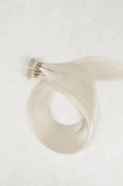 18" Nano Tip Human Hair Extensions. Light Silver