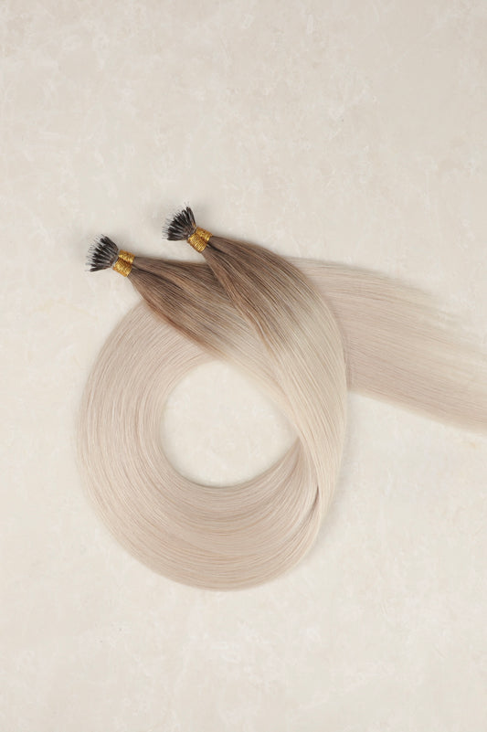 16" Nano Tip Human Hair Extensions. Rooted White Blonde #T18/1004