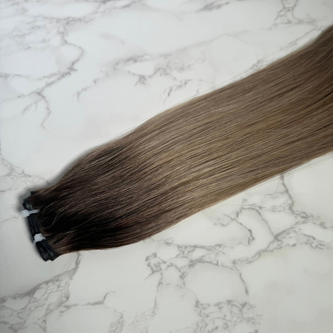 16" Flat Weft #T2 6.2 Rooted Truffle Human Hair Extensions - Alicia