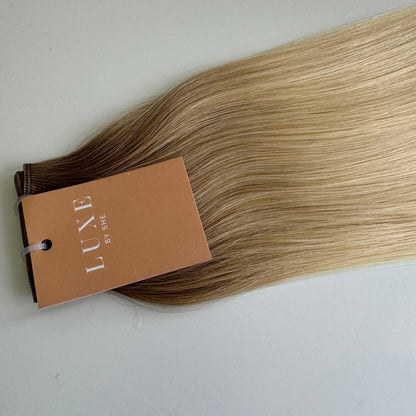 16" Flat Weft #T5Q 60 Rooted Platinum Human Hair Extensions - Dolly